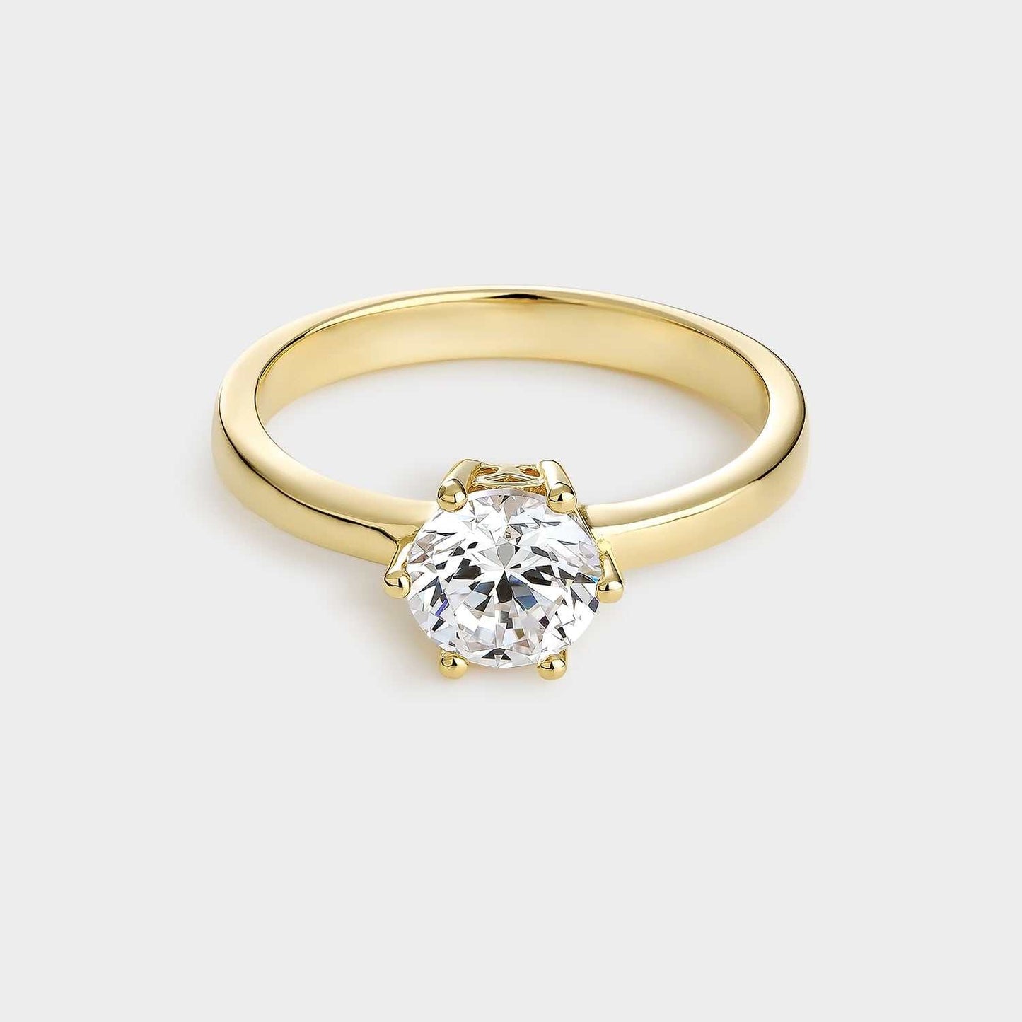 Anillo solitario de plata chapado en oro amarillo con circonita de 6,5 mm montada sobre 6 garras