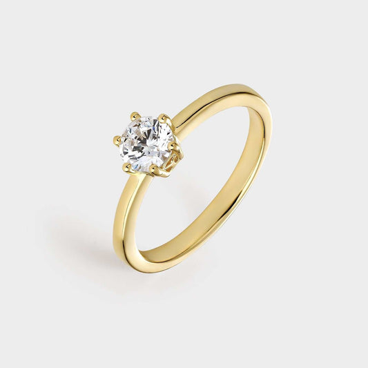 Yellow gold plated silver solitaire ring with 5.25 mm zirconia mounted on 6 claws