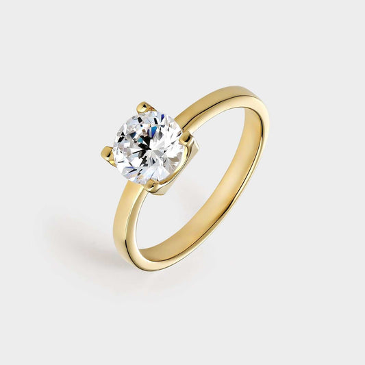 Yellow gold plated silver solitaire ring with 7 mm zirconia mounted on 4 claws