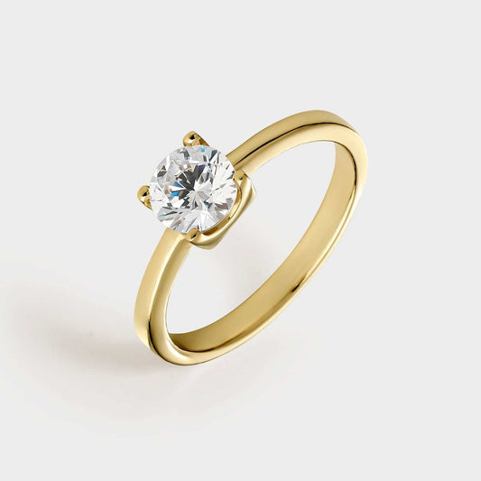 Yellow gold plated silver solitaire ring with 6 mm zirconia mounted on 4 claws