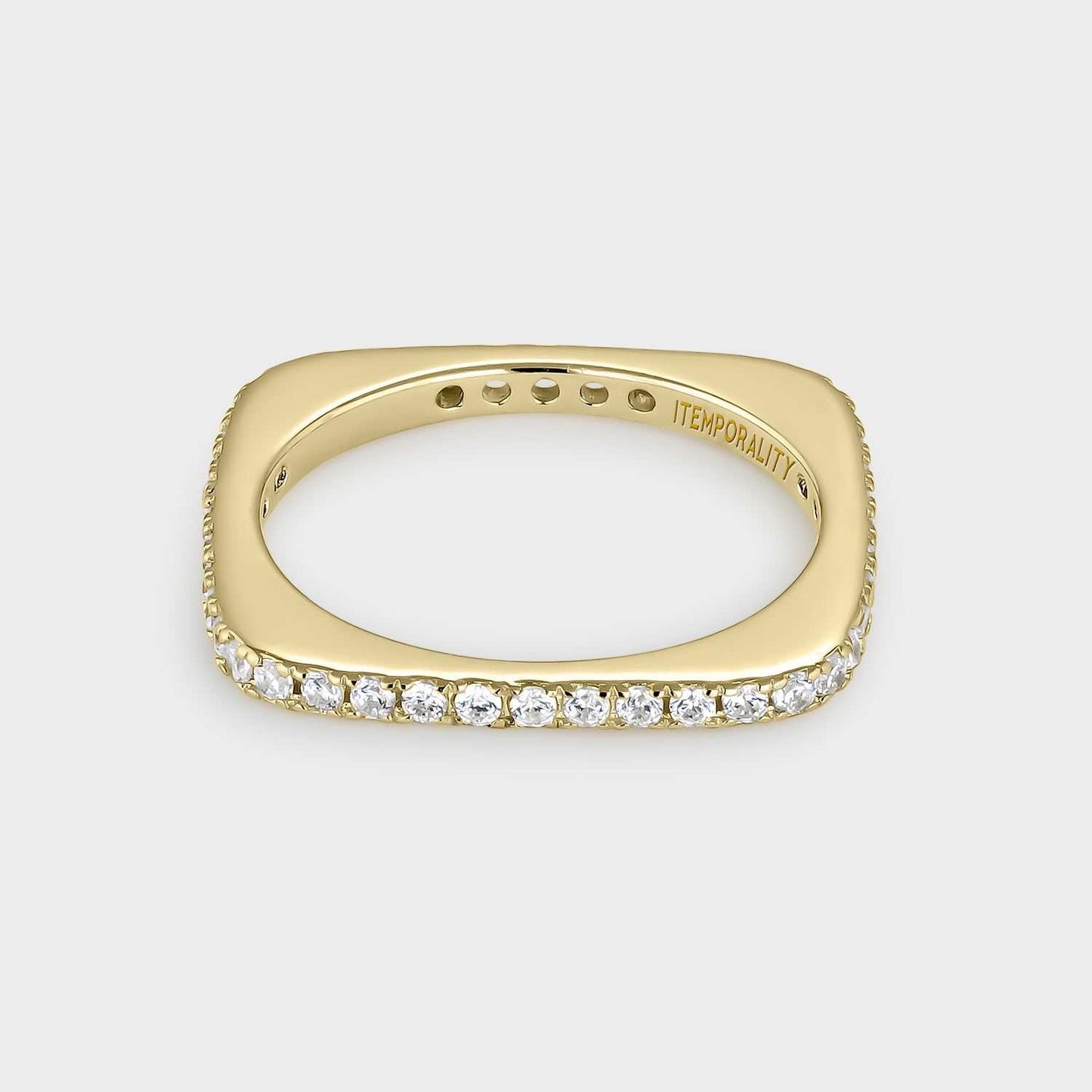 Yellow gold plated silver ring with square shape and white zircons
