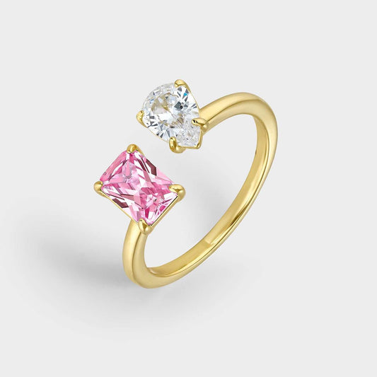 Anillo de plata con baño de oro 18k dúo de circonitas rosa y blanca